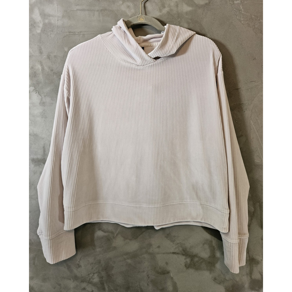 AVIA Women's Ribbed Pullover Hoodie, Beige, Stretch Athleisure, Size L